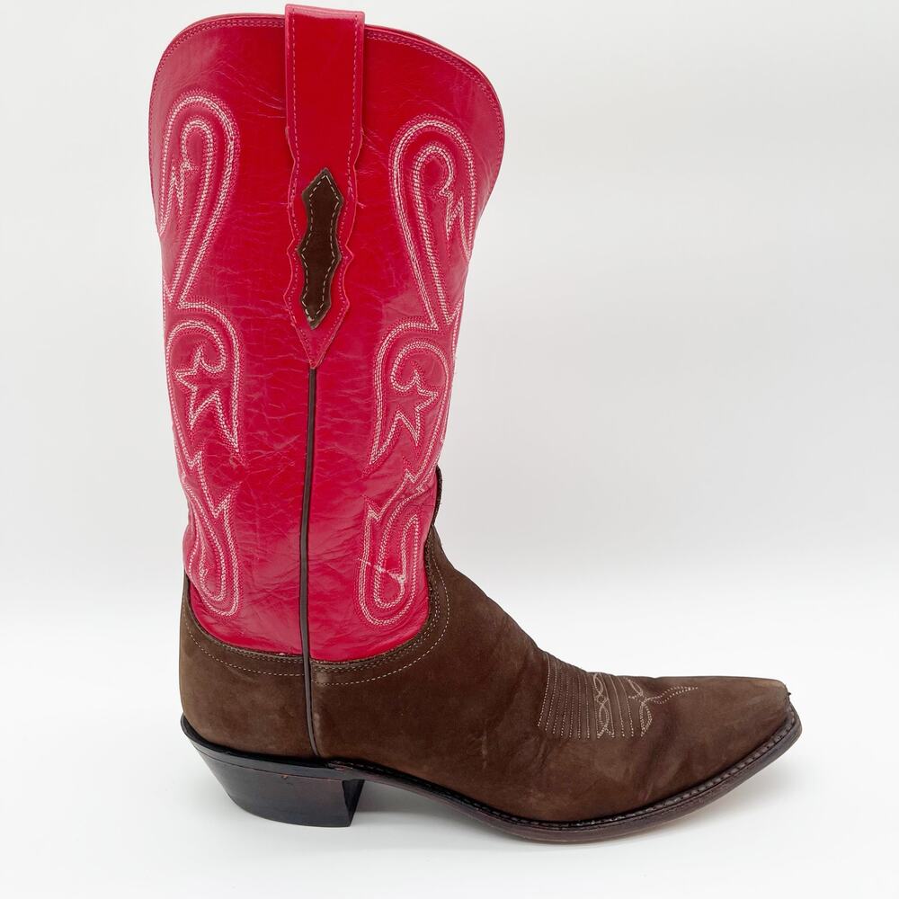 Lucchese Women’s 10 Brown Suede Red Leather Colorblock Snip Toe Cowgirl Boots - Picture 2 of 11